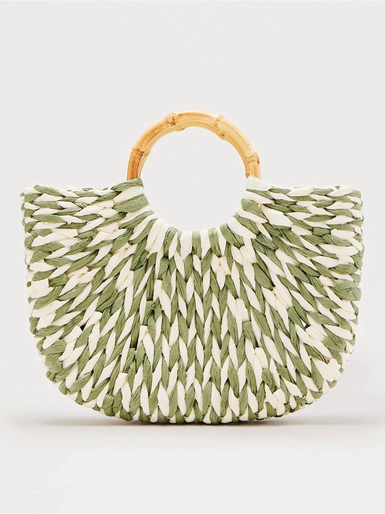 Fashion Nova Handbags - Fashion Nova Green and White Braided Straw Tote with Bamboo Handles